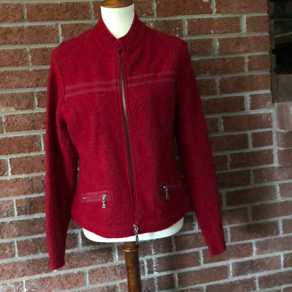 Tribal boiled wool zip-front crimson jacket
